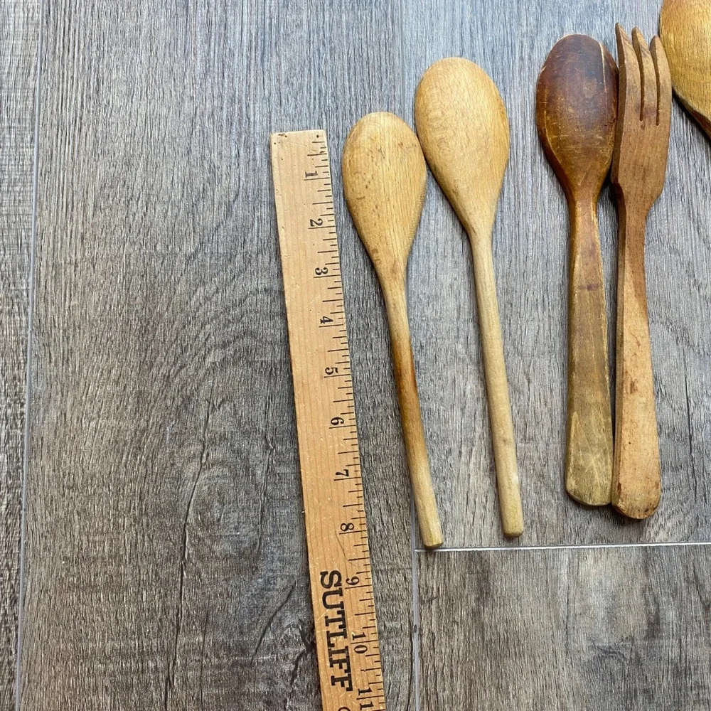 Vintage Wooden Kitchen Utensil‎ Set 6pc Rustic Hand Carved Spoons and Fork Set